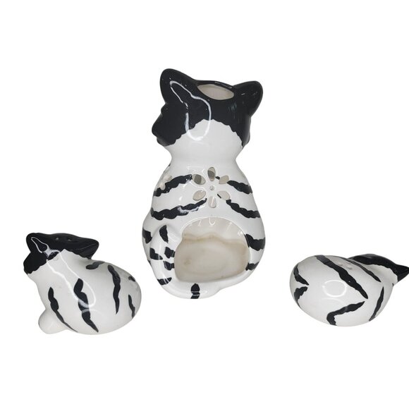 Set Of 3 Hand-Painted Ceramic Black & White Cat salt and pepper shaker/ caddy - Picture 2 of 7